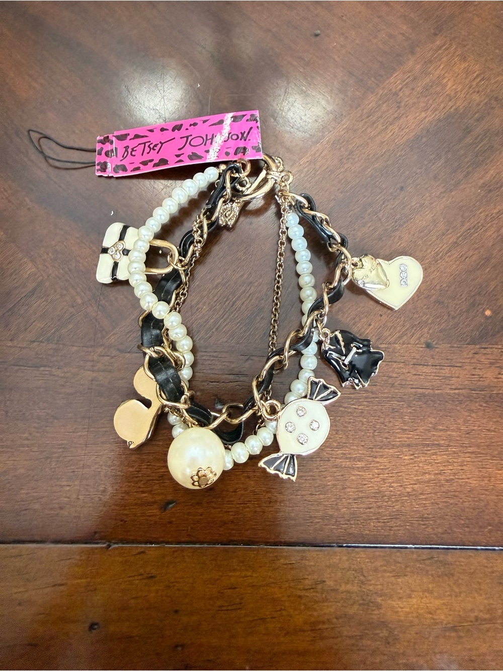 Betsey Johnson Gold, Black & Pearl Charm Bracelet